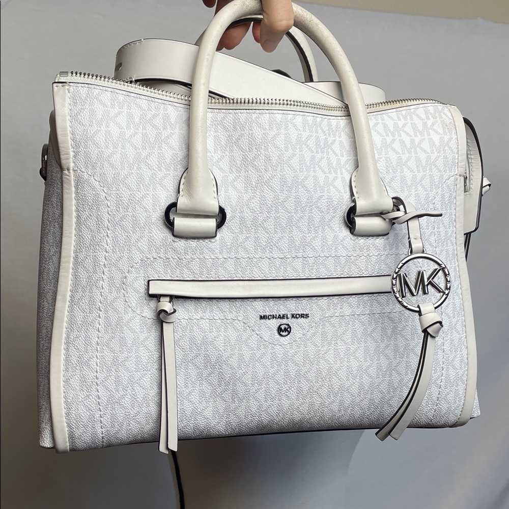 Michael Kors Carine White Monogram Handbag shoulder strap silver tassel MK